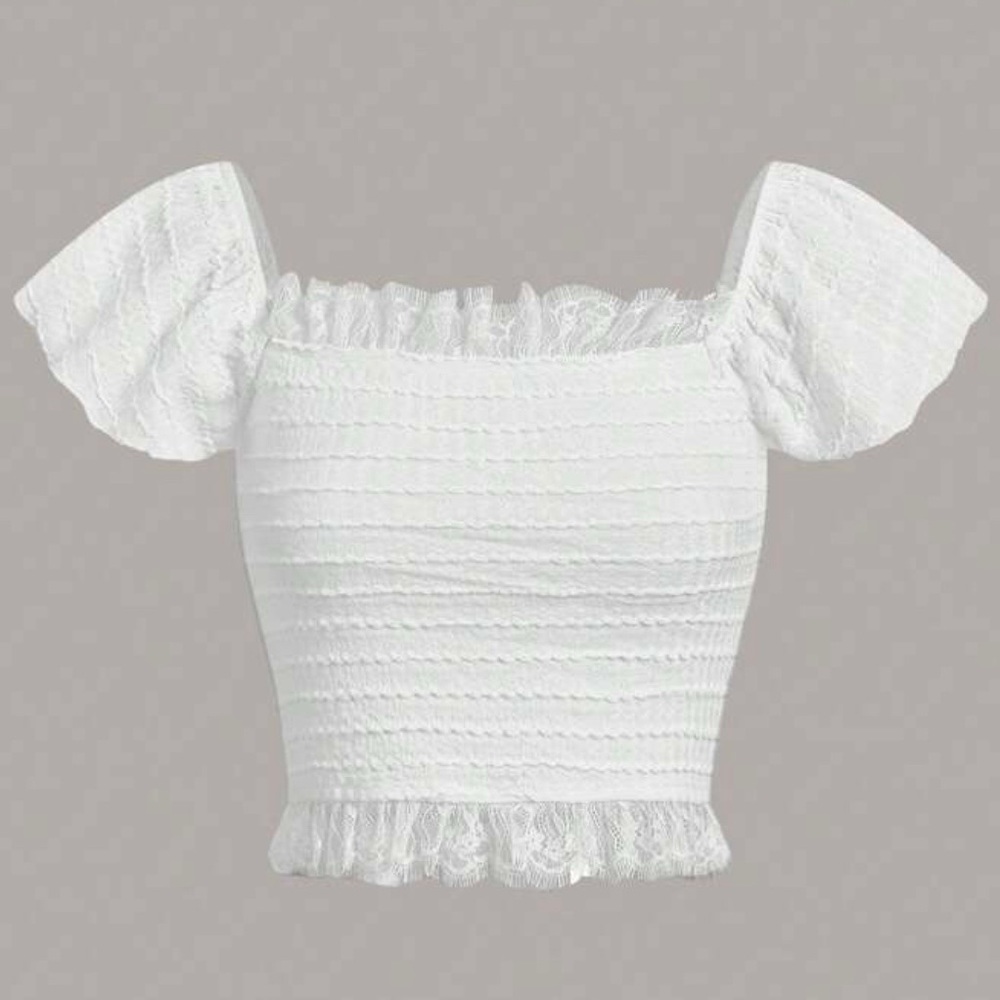 Shein ruffle lace trim ruched white short top women’s size Large